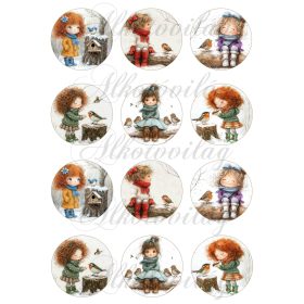   Tüneményes kislányok kismadarakkal - 6 cm átmérőjű körökön