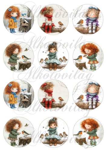 Tüneményes kislányok kismadarakkal - 6 cm átmérőjű körökön