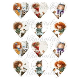   Tüneményes kislányok kismadarakkal - 6,5 cm magas szíveken