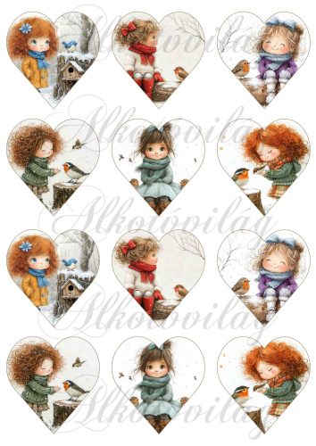 Tüneményes kislányok kismadarakkal - 6,5 cm magas szíveken
