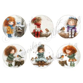  Tüneményes kislányok kismadarakkal - 8,5 cm átmérőjű körökön
