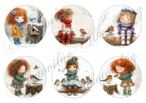 Tüneményes kislányok kismadarakkal - 8,5 cm átmérőjű körökön