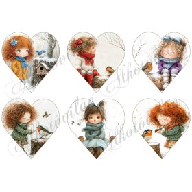 Tüneményes kislányok kismadarakkal - 9 cm magas szíveken