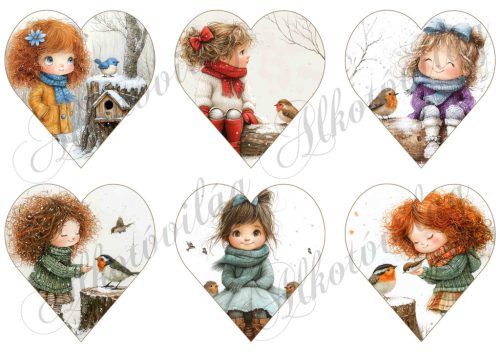 Tüneményes kislányok kismadarakkal - 9 cm magas szíveken