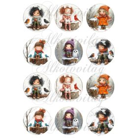   Tüneményes kislányok kismadarakkal 2. változat - 6 cm átmérőjű körökön