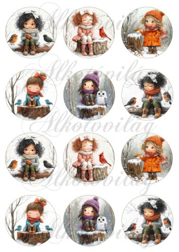 Tüneményes kislányok kismadarakkal 2. változat - 6 cm átmérőjű körökön