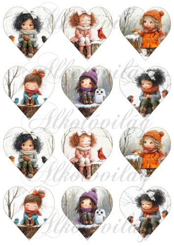 Tüneményes kislányok kismadarakkal 2. változat - 6,5 cm magas szíveken