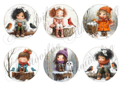 Tüneményes kislányok kismadarakkal 2. változat - 8,5 cm átmérőjű körökön