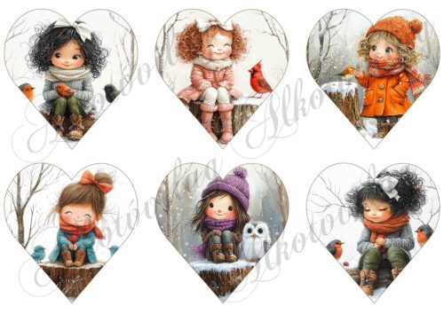 Tüneményes kislányok kismadarakkal 2. változat - 9 cm magas szíveken