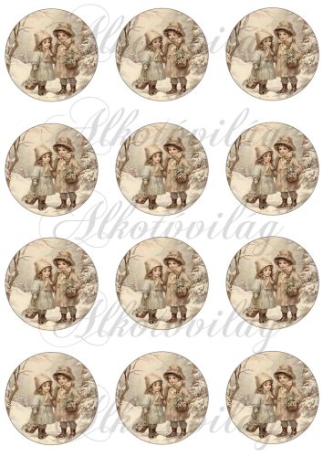 Körök karácsonyi vintage mintákkal, kedves gyerekekkel - 6 cm