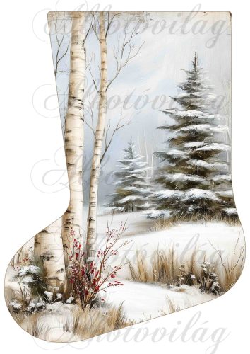 Mikuláscsizmák vintage karácsonyi hangulatban fenyővel és nyírfával