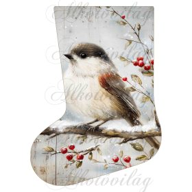   Mikuláscsizmák vintage karácsonyi hangulatban kismadárral, piros bogyókkal