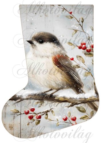 Mikuláscsizmák vintage karácsonyi hangulatban kismadárral, piros bogyókkal