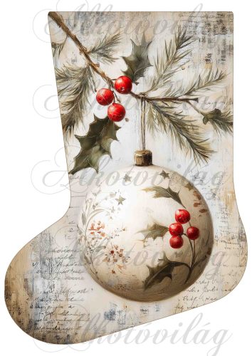 Mikuláscsizmák vintage karácsonyi hangulatban magyal ággal és gömb dísszel