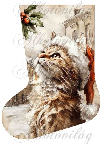 Mikuláscsizmák vintage karácsonyi hangulatban mikulássapkás cicával