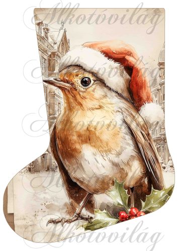 Mikuláscsizmák vintage karácsonyi hangulatban mikulássapkás kismadárral