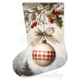   Mikuláscsizmák vintage karácsonyi hangulatban piros bogyókkal, masnival, lógó dísszel