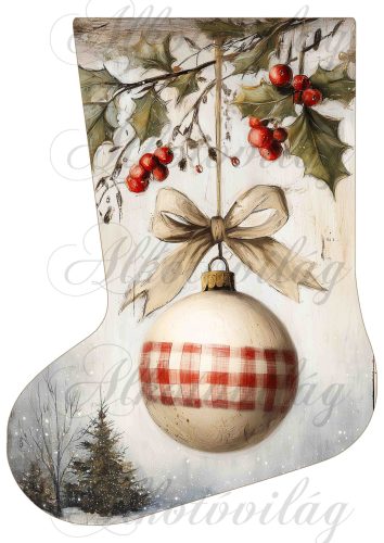 Mikuláscsizmák vintage karácsonyi hangulatban piros bogyókkal, masnival, lógó dísszel