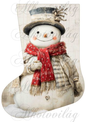 Mikuláscsizmák vintage karácsonyi hangulatban piros sálas hóemberrel