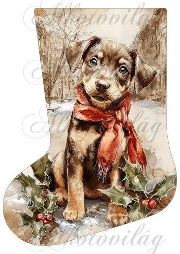 Mikuláscsizmák vintage karácsonyi hangulatban tüneményes kutyussal