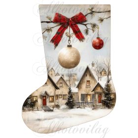   Mikuláscsizmák vintage stílusban házakkal és karácsonyfa díszekkel