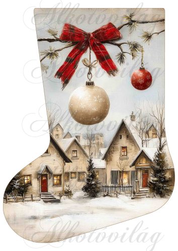 Mikuláscsizmák vintage stílusban házakkal és karácsonyfa díszekkel