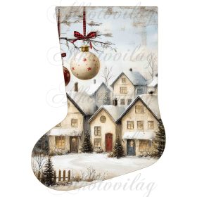   Mikuláscsizmák vintage stílusban házakkal és karácsonyfadísszel