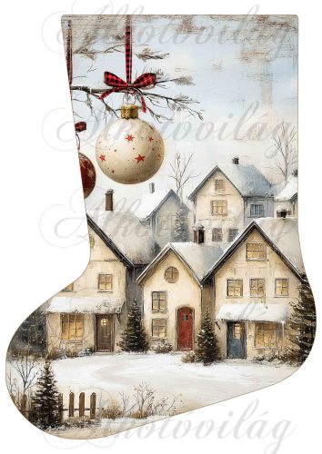 Mikuláscsizmák vintage stílusban házakkal és karácsonyfadísszel