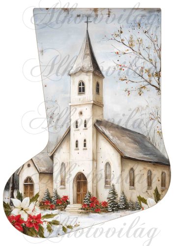 Mikuláscsizmák vintage stílusban templommal és mikulásvirágokkal