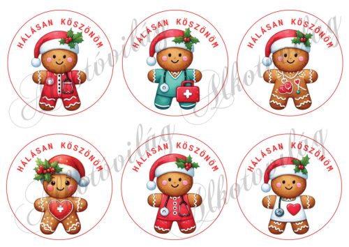 Mézeskalács figurák egészségügybe - 9 cm-es körökben - HÁLÁSAN KÖSZÖNÖM felirattal 2. változat