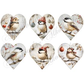   Tüneményes kismadarak ágakon vintage hangulatban - 9 cm magas szíveken