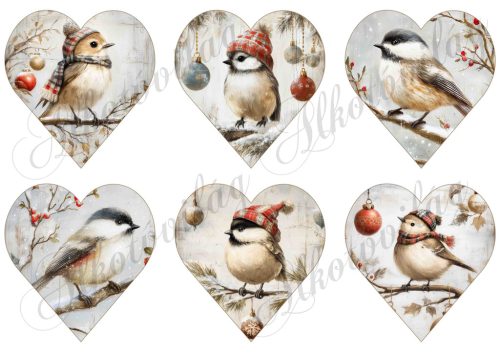 Tüneményes kismadarak ágakon vintage hangulatban - 9 cm magas szíveken