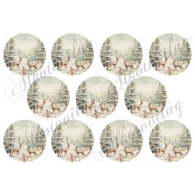   Vintage karácsonyi körök téli tájjal, kettő szarvassal - 6,5 cm