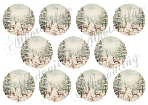 Vintage karácsonyi körök téli tájjal, kettő szarvassal - 6,5 cm