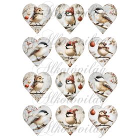   Tüneményes kismadarak ágakon vintage hangulatban - 6,5 cm magas szíveken