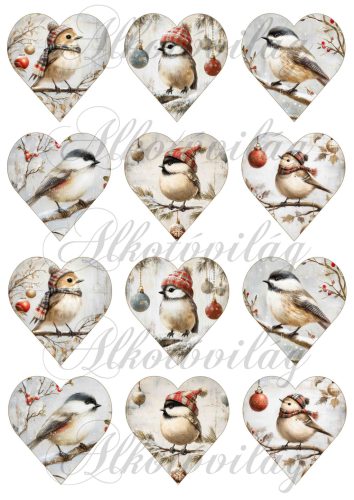 Tüneményes kismadarak ágakon vintage hangulatban - 6,5 cm magas szíveken