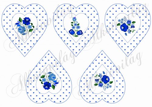 Kék apró szíves szívek kék színű kalocsai virágokkal