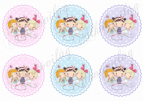 Három kislány pöttyös - cakkos alapon