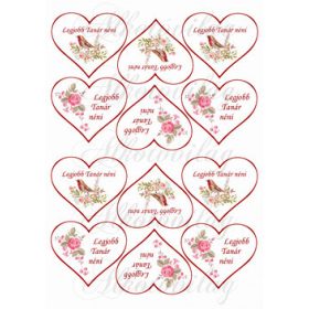   Legjobb Tanár néni szívekben madárkával, rózsával KICSIBEN