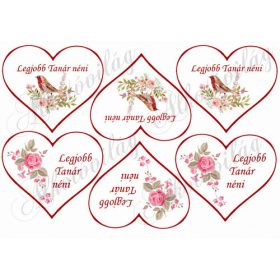 Legjobb Tanár néni szívekben madárkával, rózsával