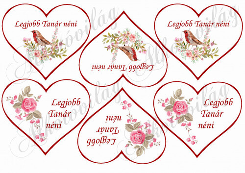 Legjobb Tanár néni szívekben madárkával, rózsával