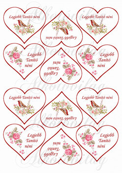 Legjobb Tanító néni szívekben madárkával, rózsával KICSIBEN