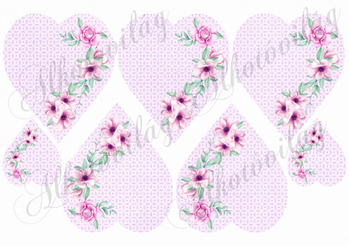 Lilás szívek rózsaszín-lilás virágokkal