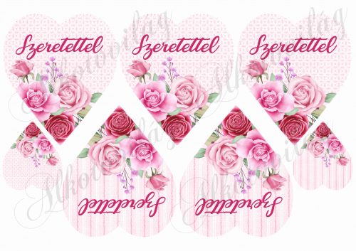 Rózsaszín rózsás szívek kétféle alappal SZERETETTEL felirattal