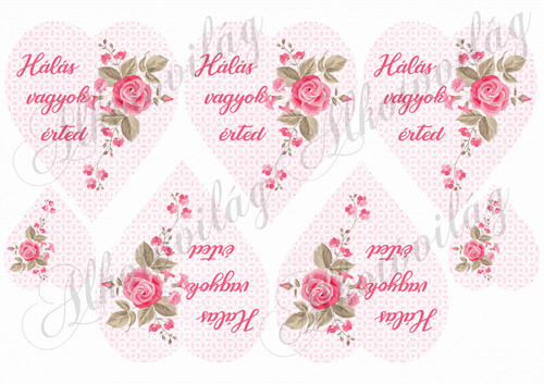Rózsaszín szívek futó rózsával- hálás vagyok érted felirattal