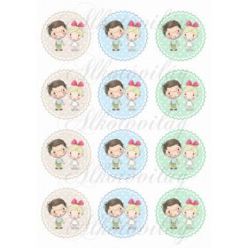   Testvérek-barátok szemüveges kisfiú-szőke kislány cakkos körökben KICSIBEN