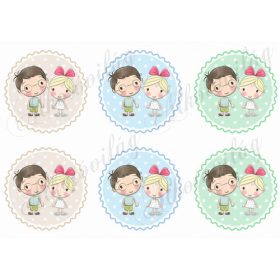   Testvérek-barátok szemüveges kisfiú-szőke kislány cakkos körökben