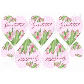   Tulipános szívek rózsaszín pöttyös alapon- SZERETETTEL felirattal