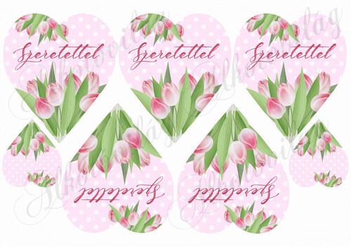 Tulipános szívek rózsaszín pöttyös alapon- SZERETETTEL felirattal