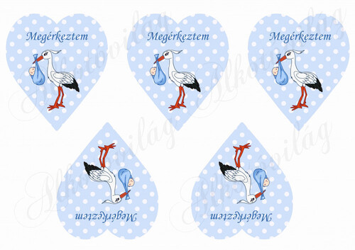 Megérkeztem pöttyös kék szívek gólyával